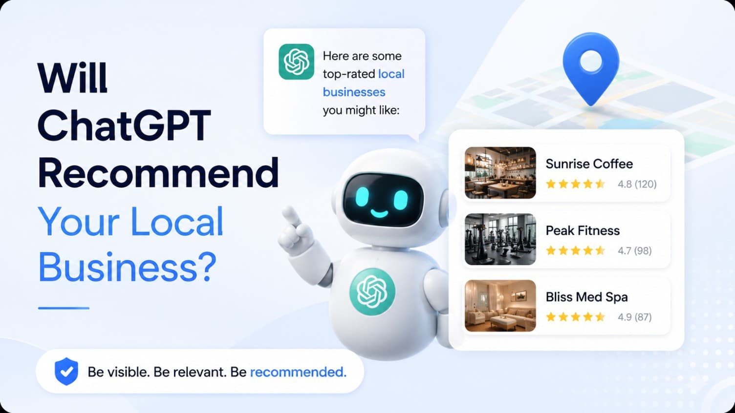 AI search for local business thumbnail showing a local business being evaluated by ChatGPT-style search results