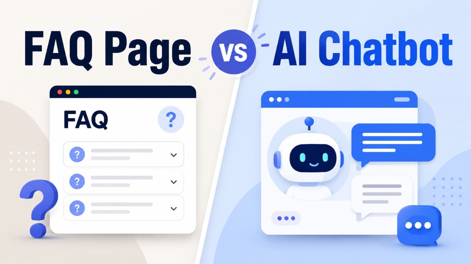 FAQ page vs AI chatbot thumbnail showing a local business website decision between static answers and an AI response layer