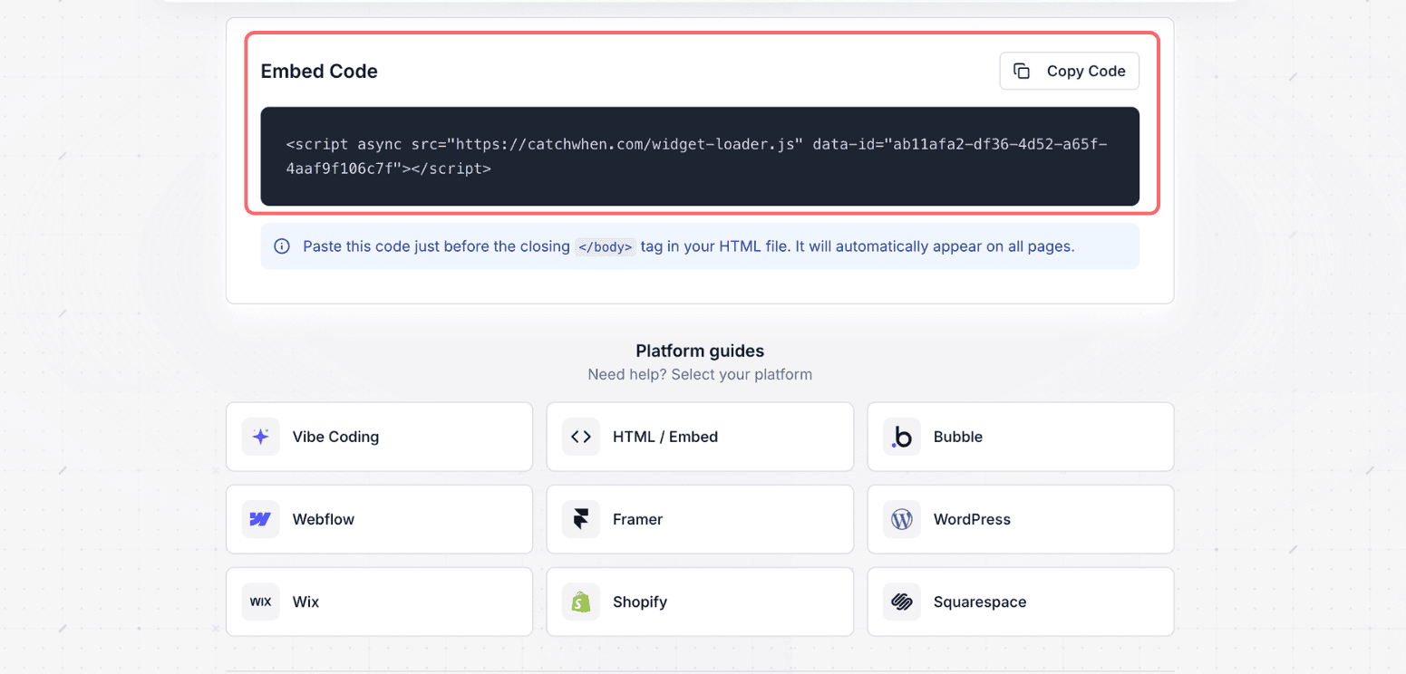 Install page with Embed Code section highlighted and platform guides below