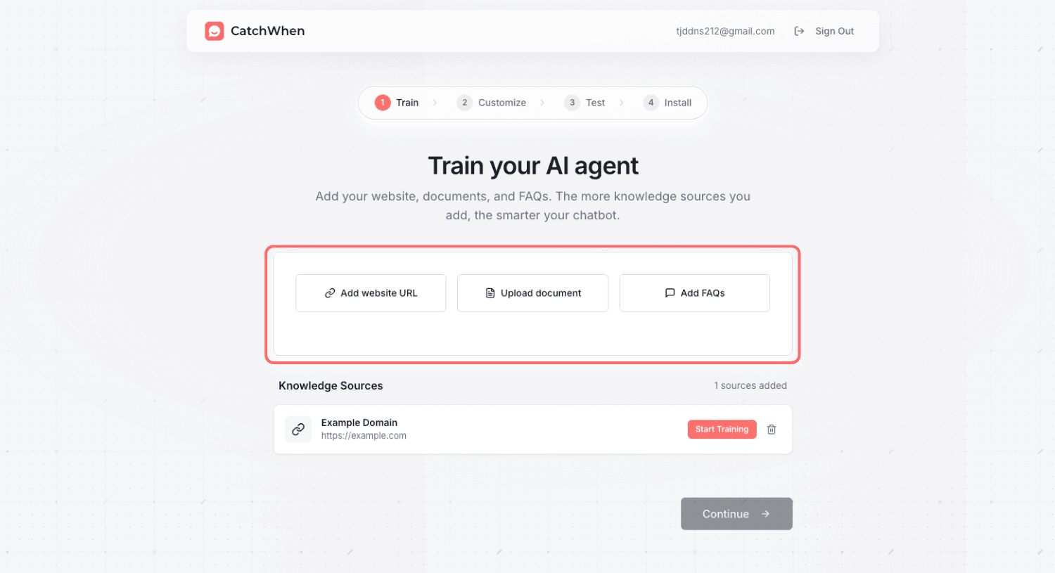 Knowledge sources panel with website, document, and FAQ options